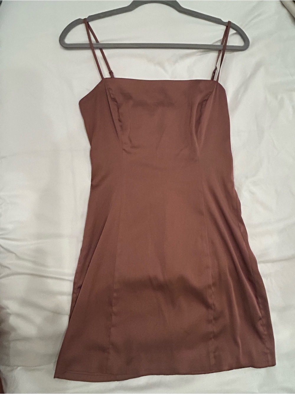Aritzia Brown Satin Slip Mini Dress with Double Spaghetti Straps